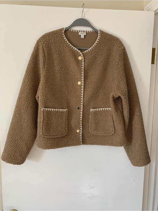 J. Crew Factory Jackets & Blazers - J. Crew Factory Camel Sherpa Blanket-Stitch Jacket with Contrast Trim, Sz Large